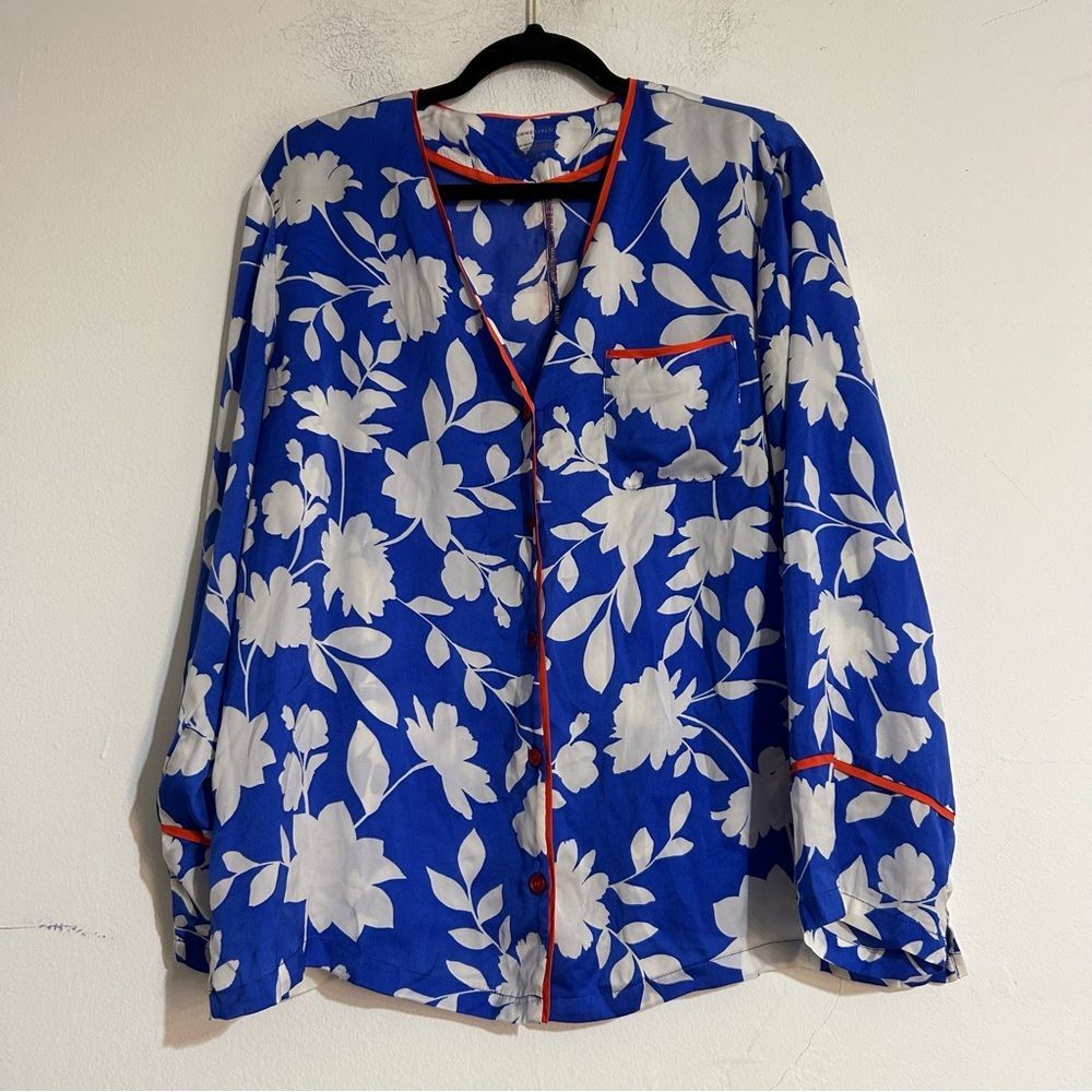 Summersalt The Cloud 9 Satin Pajama Button Down Shirt Large Blue White Floral